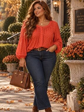 Penningtons In Every Story Red Polka Dot Peasant Blouse | Size 1X | Cottagecore